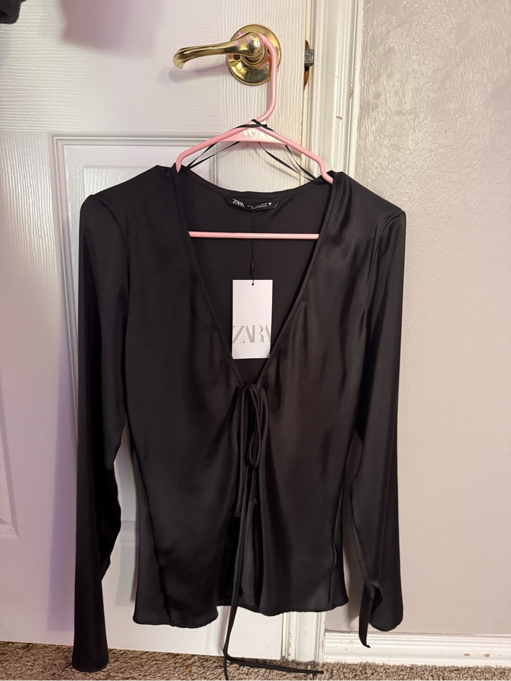 Zara Black Satin Tie-Front Blouse